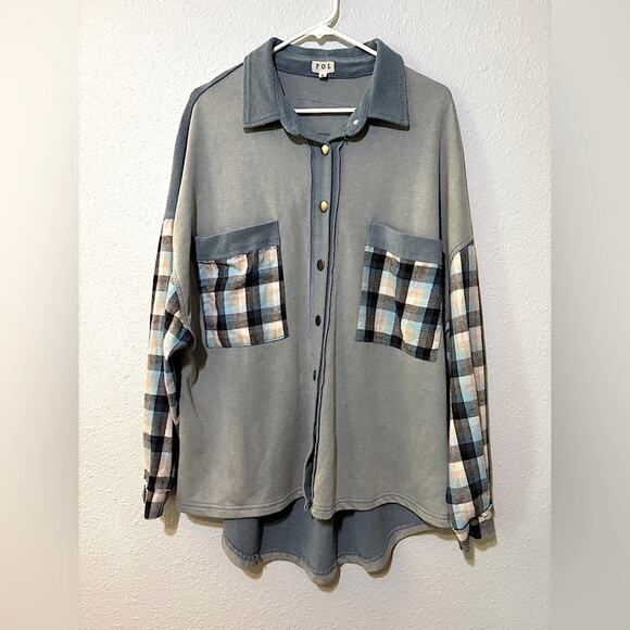 POL Tops - POL Shabby Chic Distressed Blue Oversized Shirt Jacket Plaid Flannel Sleeve S